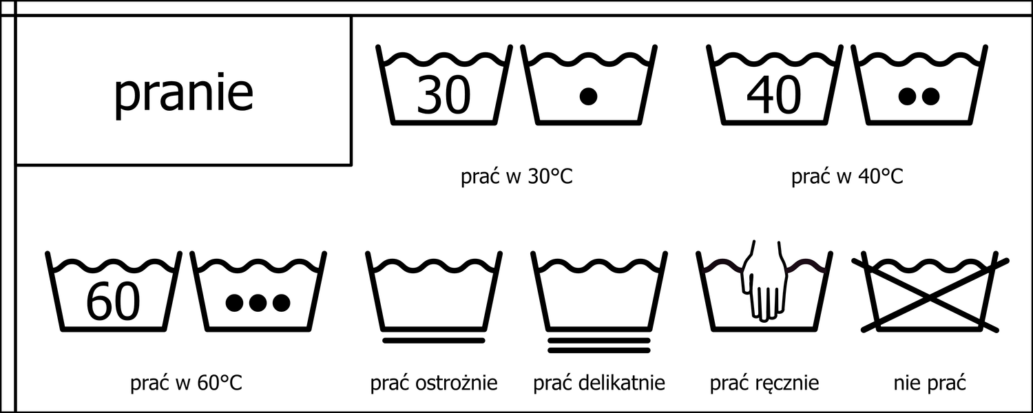 Oznaczenia prania - symbole, znaki. Instrukcja prania. Znaczki, Miska z jedną kropką. Prać z zachowaniem ostrożności